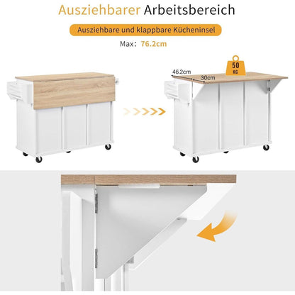 Mobile Kücheninsel weiß mit Ausziehtisch & Abfallbehälter