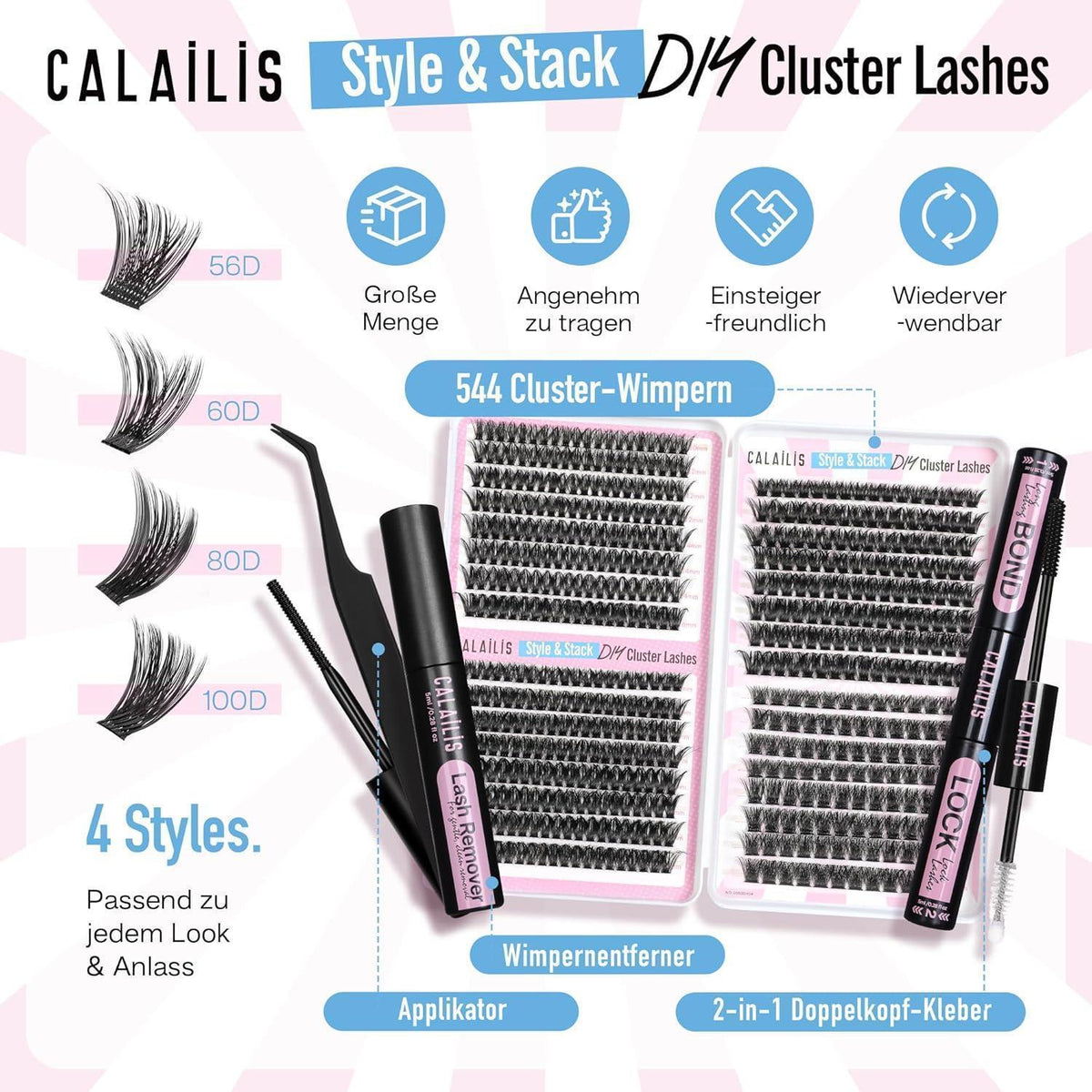 Wimpern Extensions Set 544 Stück – DIY Lashes mit Kleber & Entferner