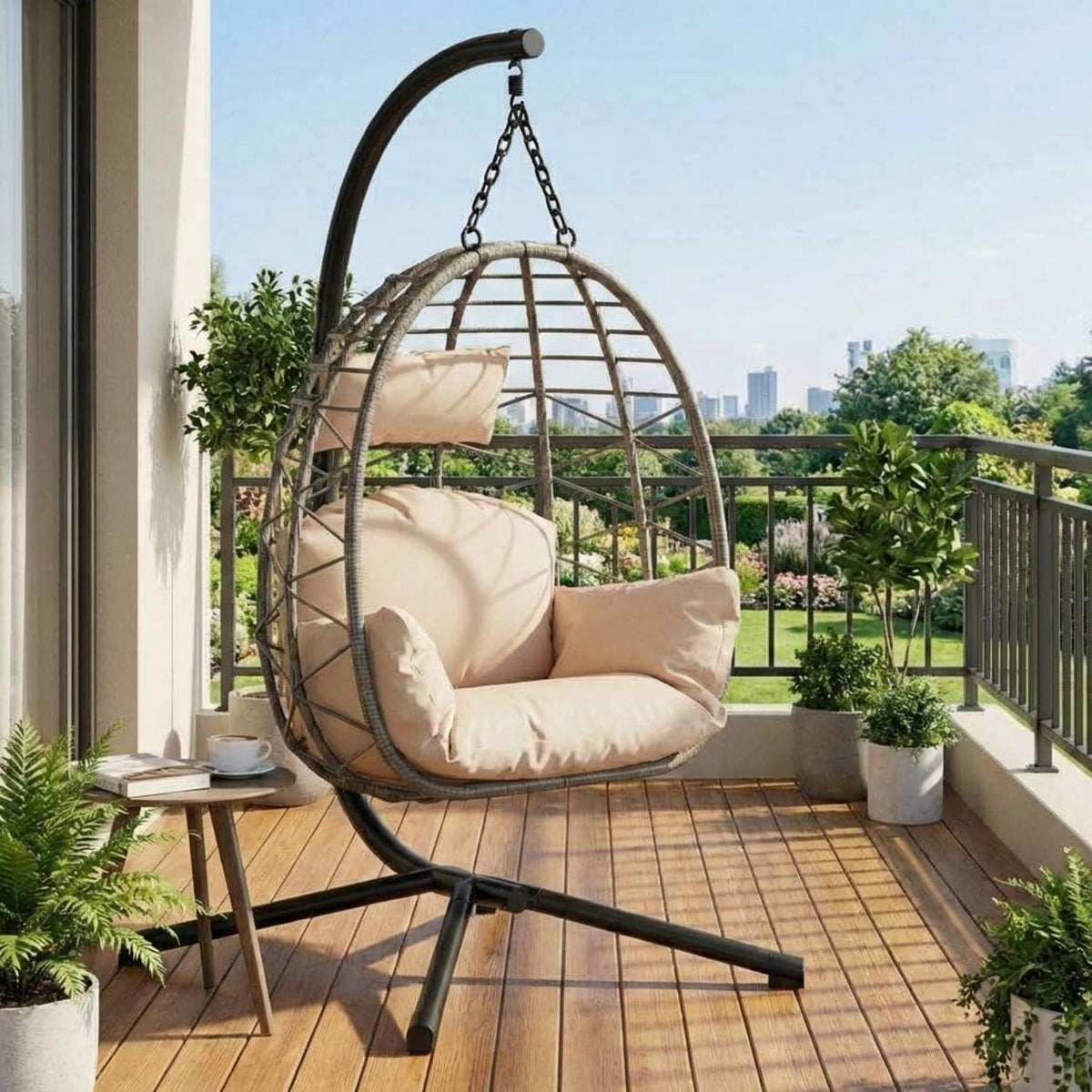 Rattan Hängesessel mit Gestell – Klappbar & Wetterfest – Grau/Beige