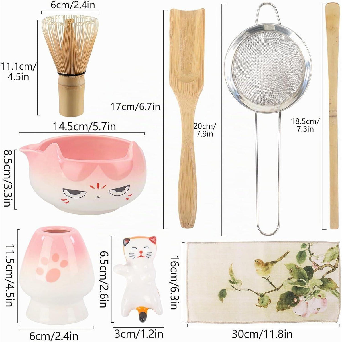 Matcha Set 8-teilig mit Katzenmotiv – Rosa Matcha Tee Zubehör