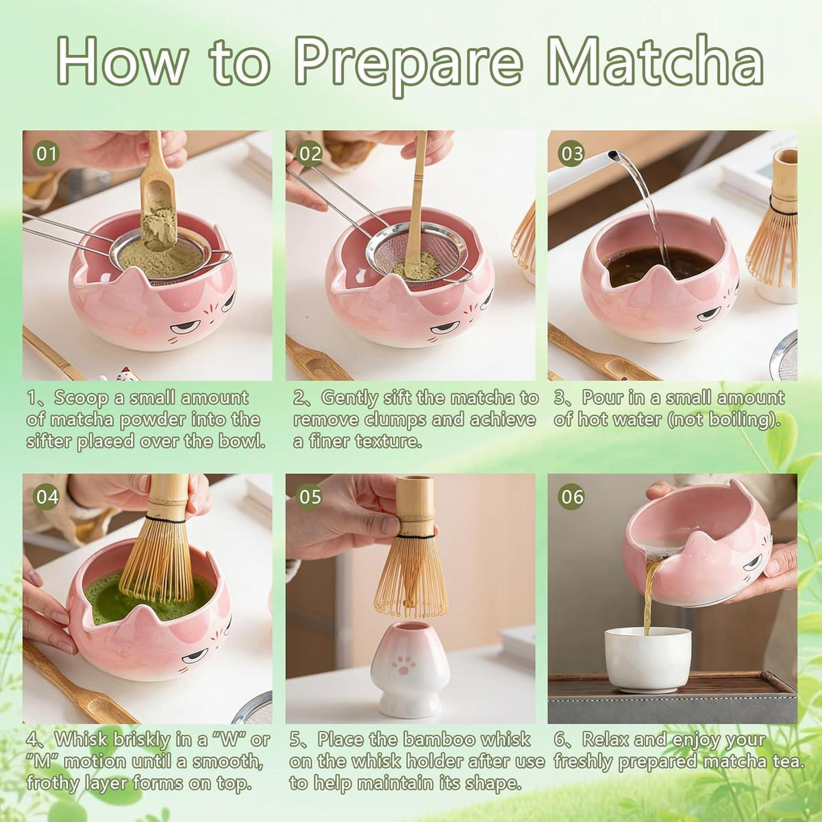 Matcha Set 8-teilig mit Katzenmotiv – Rosa Matcha Tee Zubehör