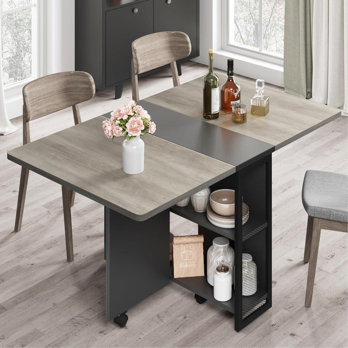Klappbarer Esstisch mit Stauraum & Rollen – Grau 120x60cm