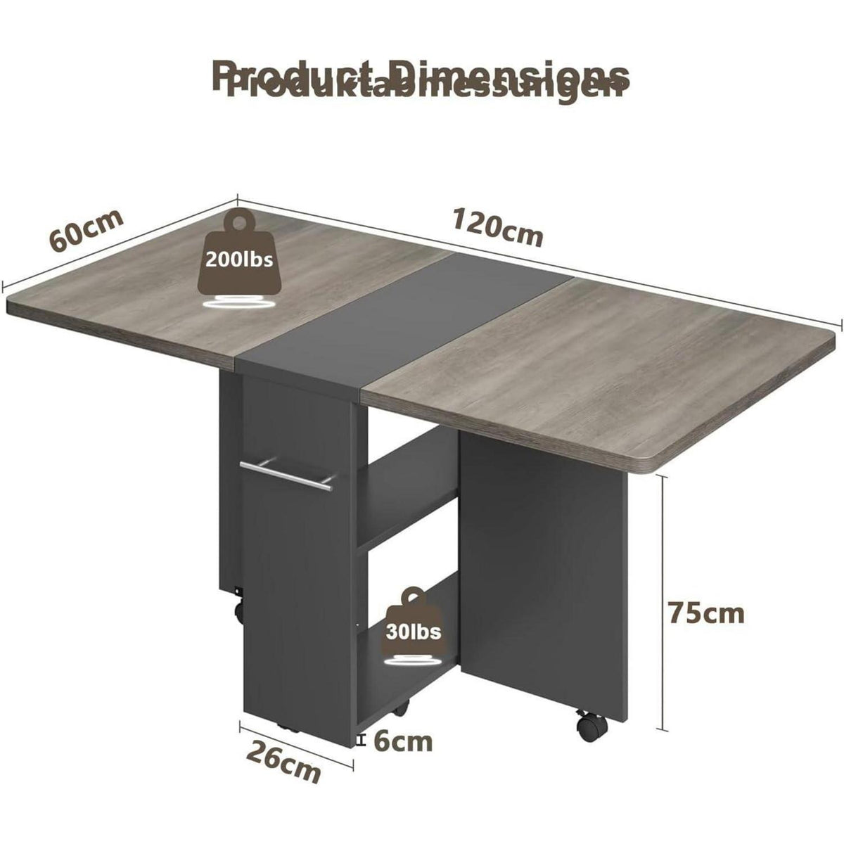 Klappbarer Esstisch mit Stauraum & Rollen – Grau 120x60cm