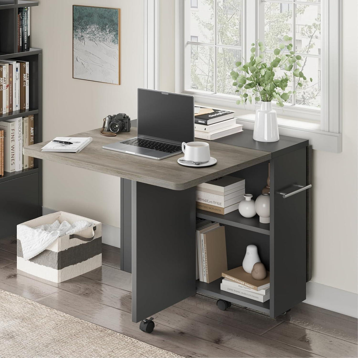Klappbarer Esstisch mit Stauraum & Rollen – Grau 120x60cm