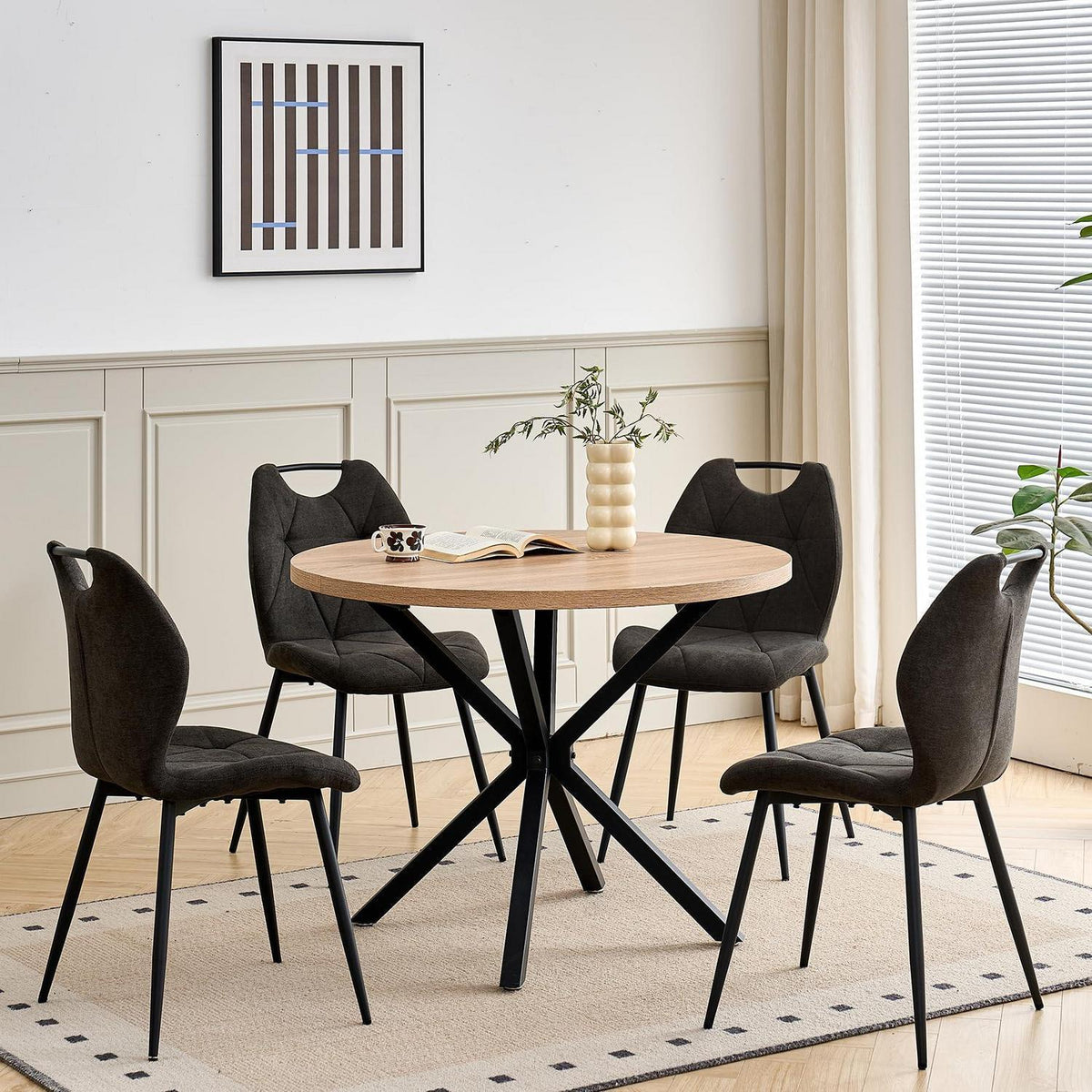 Runder Esstisch Set mit 4 Polsterstühlen im Nordic Stil