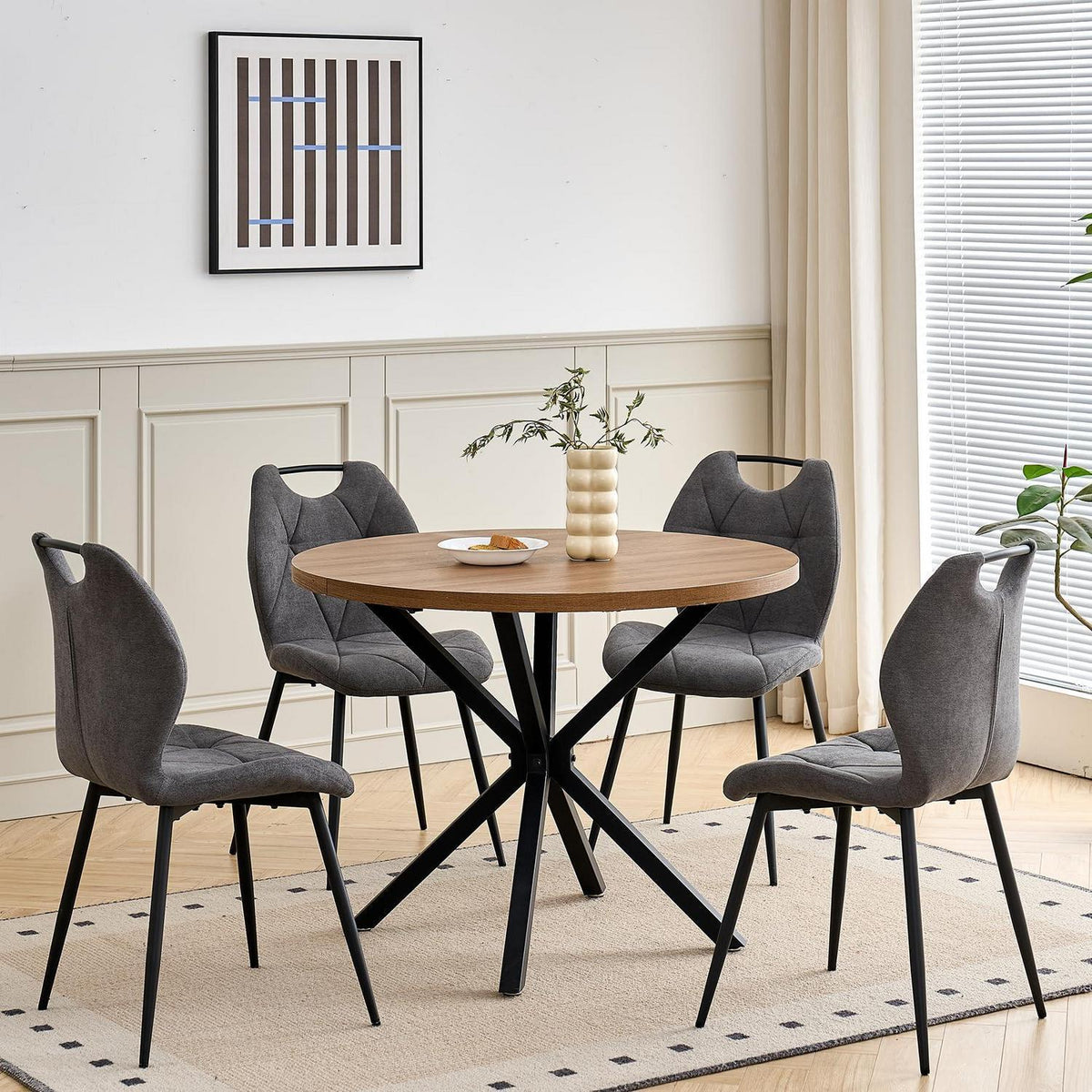 Runder Esstisch Set mit 4 Polsterstühlen im Nordic Stil