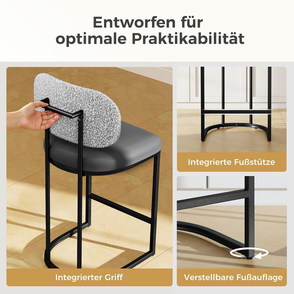Barhocker mit Lehne & Fußstütze – Grau, Metallgestell