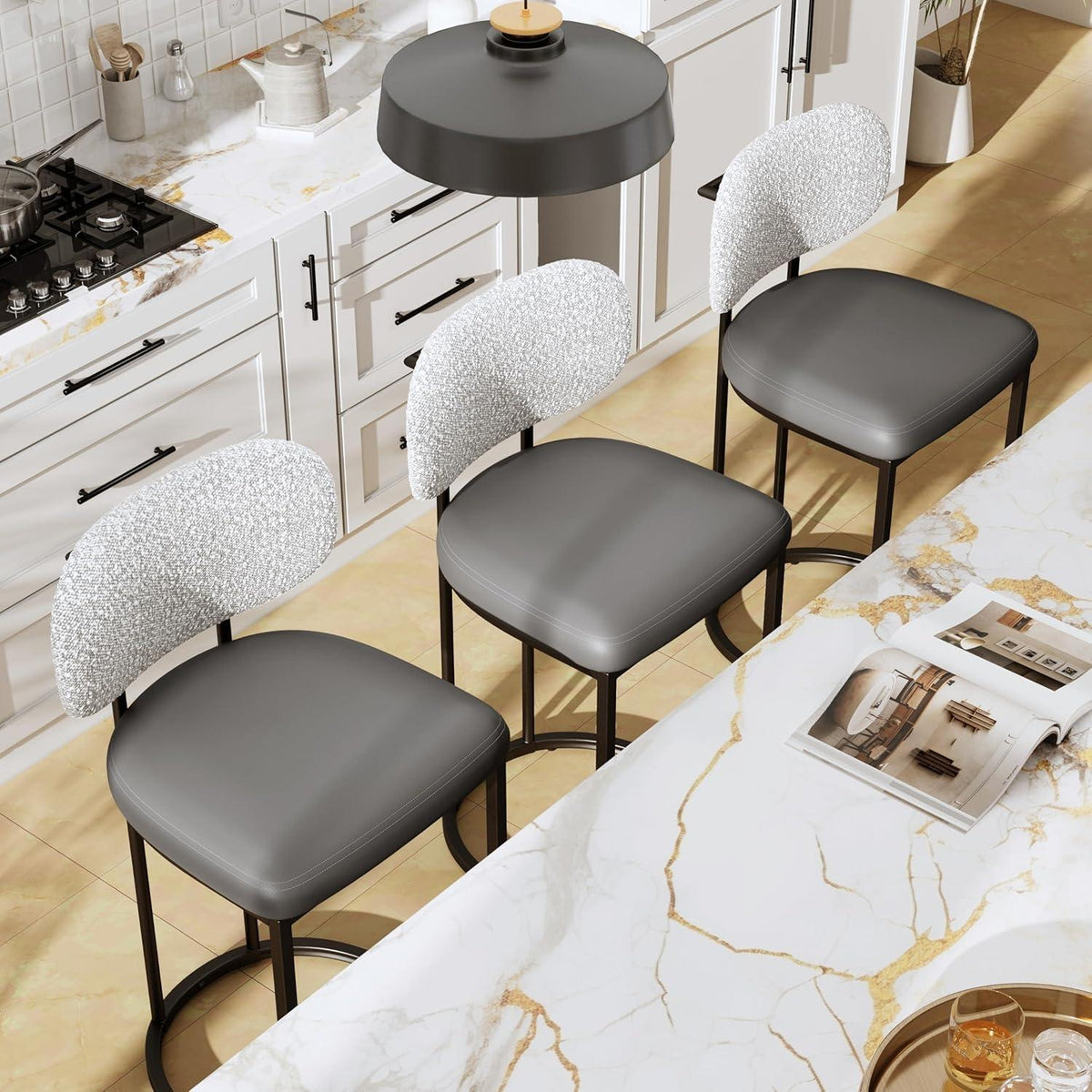 Barhocker mit Lehne & Fußstütze – Grau, Metallgestell