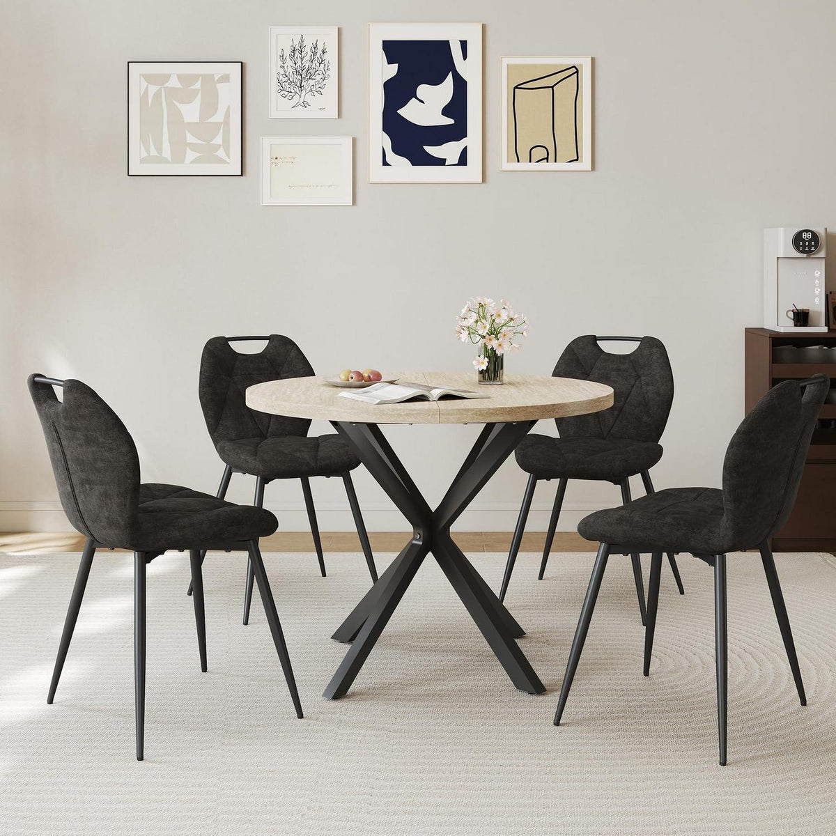 Runder Esstisch Set mit 4 Polsterstühlen im Nordic Stil