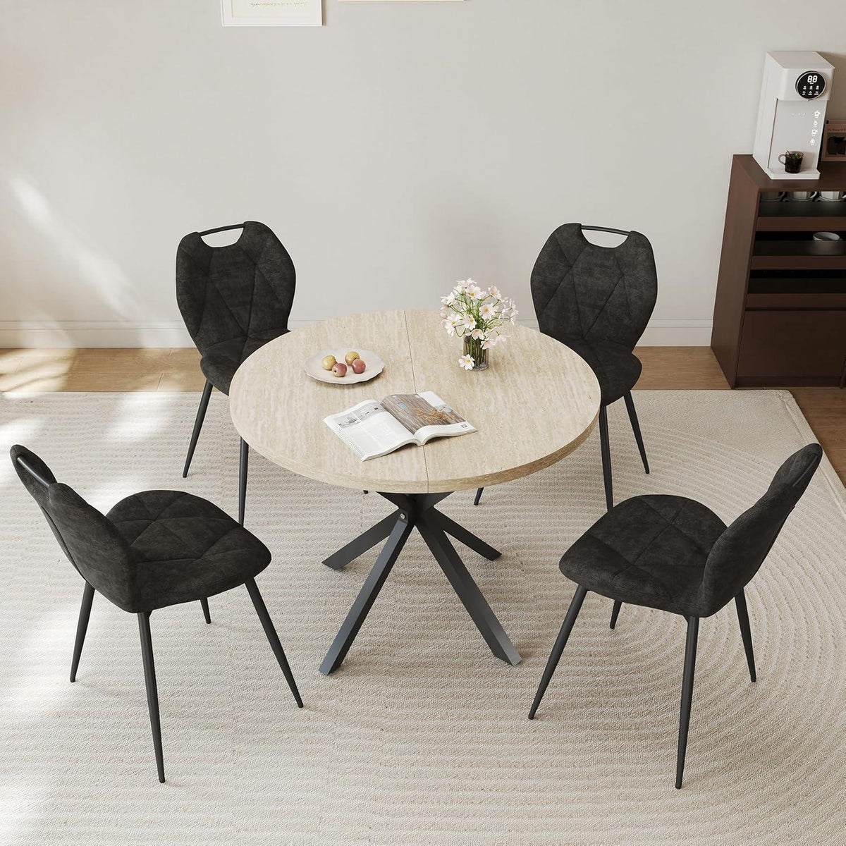 Runder Esstisch Set mit 4 Polsterstühlen im Nordic Stil