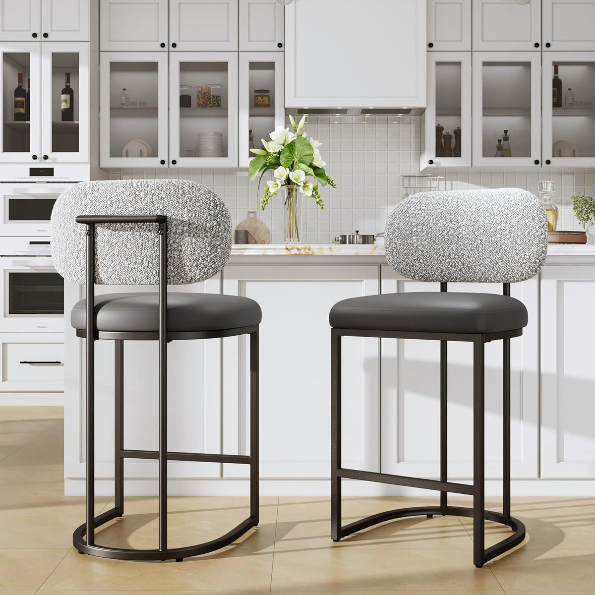 Barhocker Set 2er mit Lehne & Fußstütze – Grau