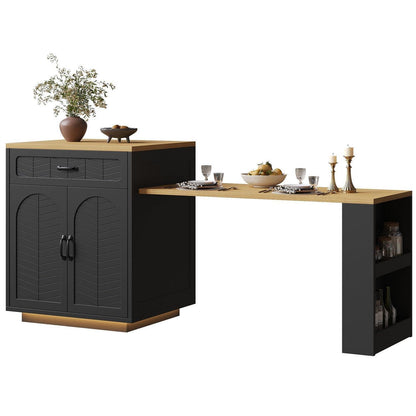 Kücheninsel mit Ausziehtisch, 2 Schubladen & 4 Türen (Schwarz/Holz)