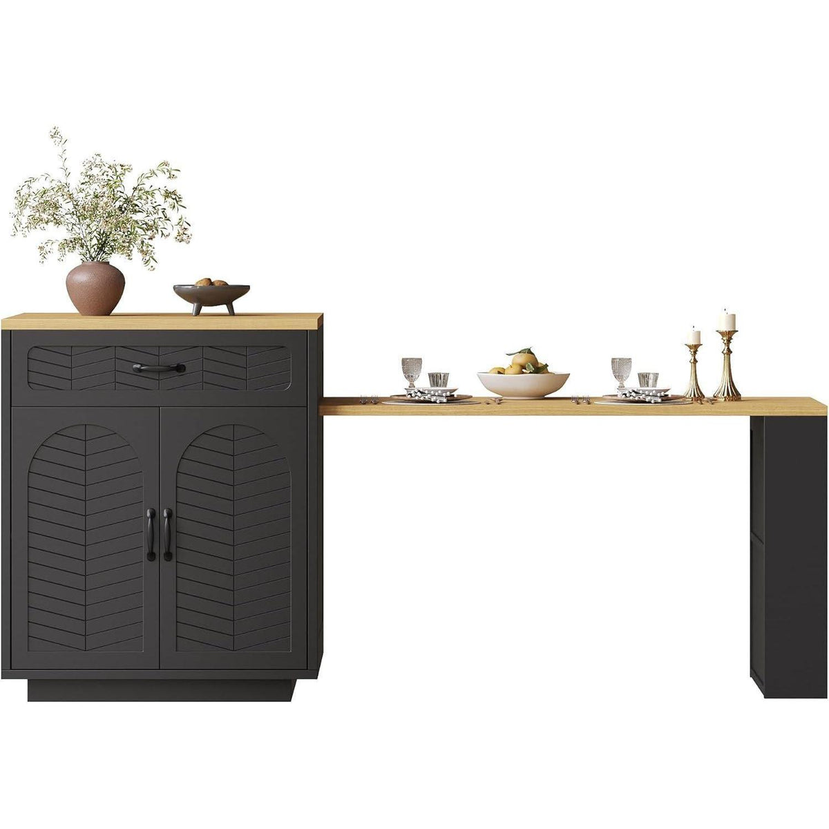 Kücheninsel mit Ausziehtisch, 2 Schubladen & 4 Türen (Schwarz/Holz)