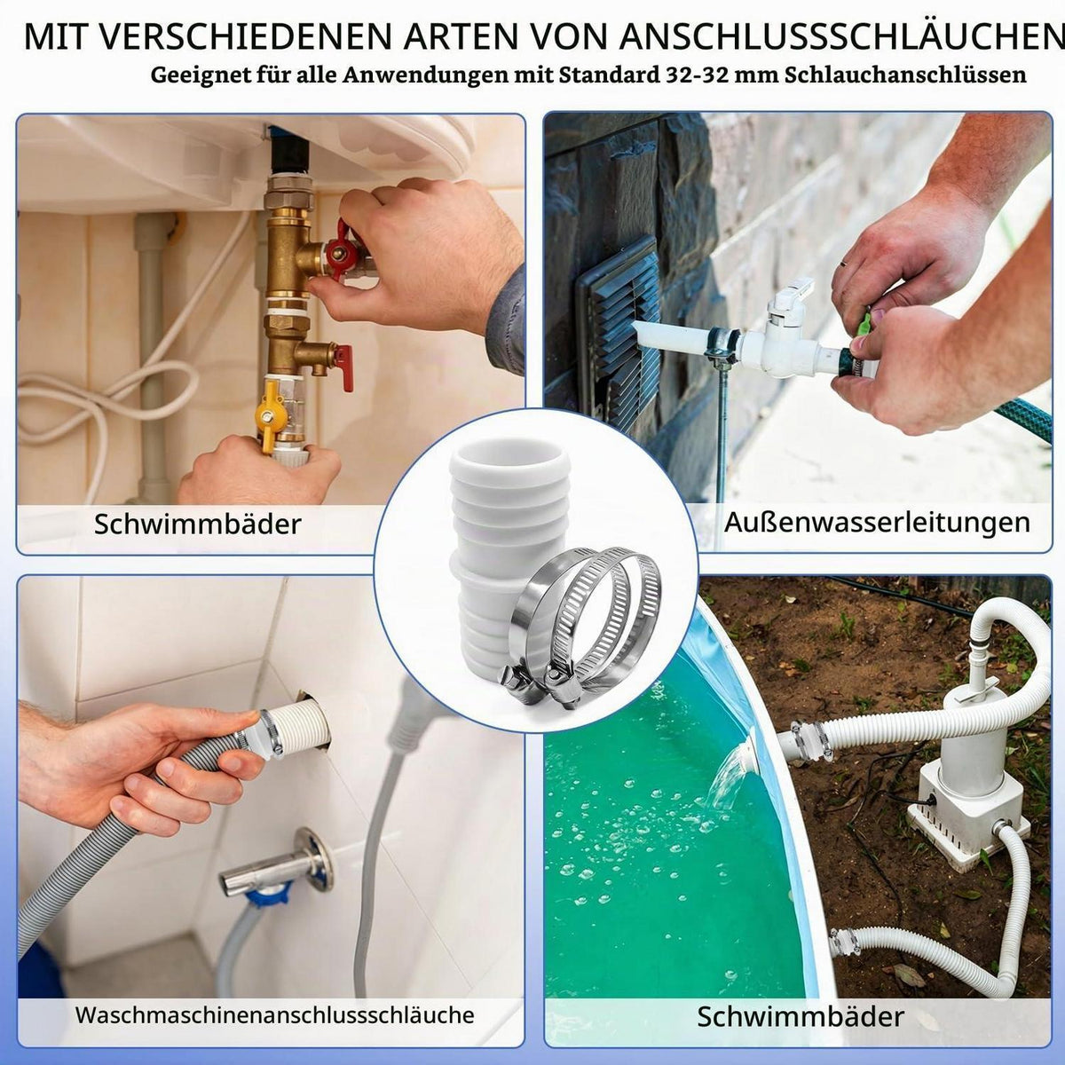 4x Poolschlauch Verbinder 38mm mit Schlauchschellen