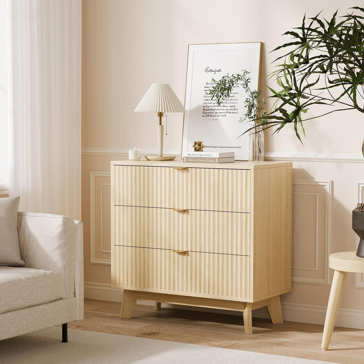 Kommode 3 Schubladen Eiche Natur | Schlafzimmer Sideboard 80x40 cm