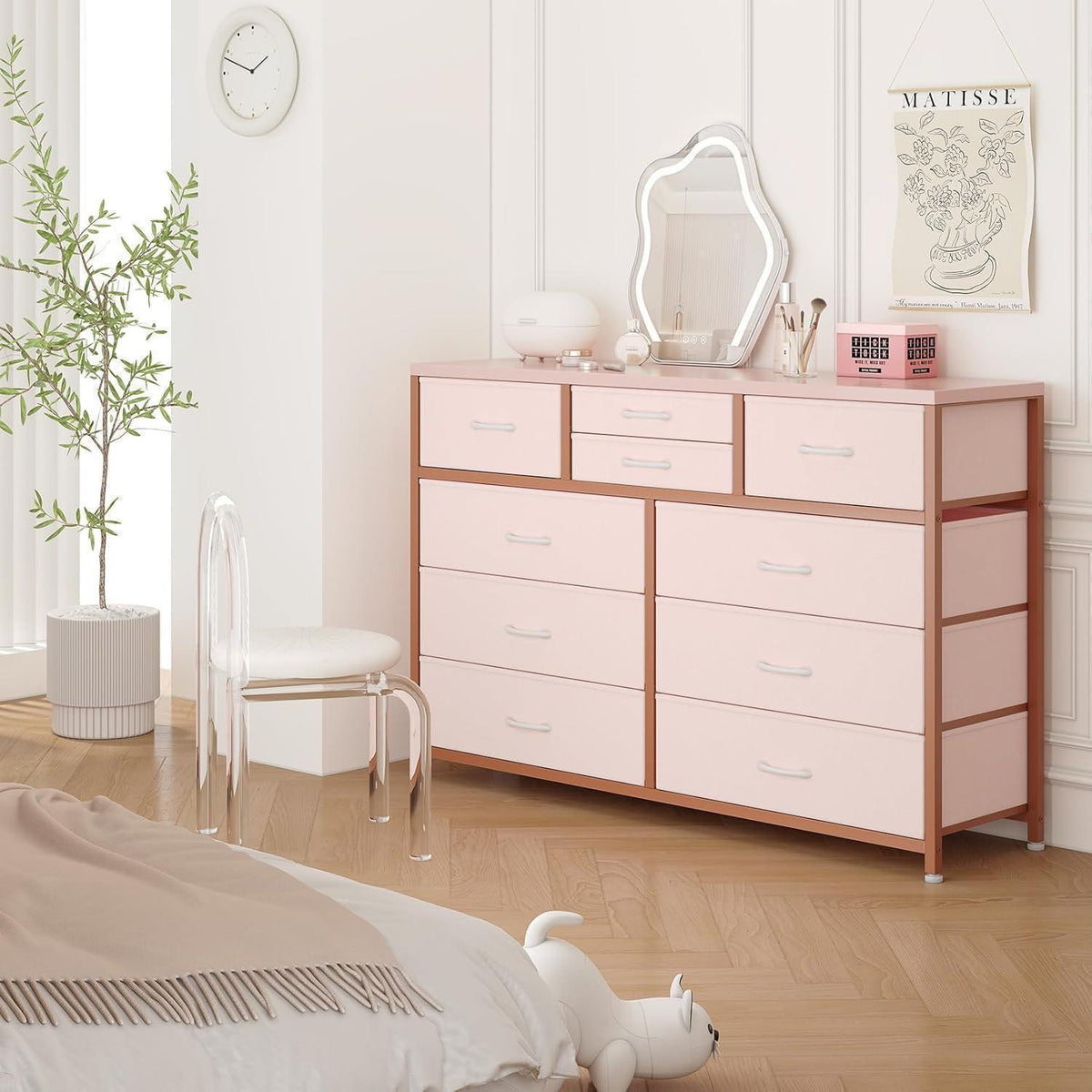 Kommode mit 10 Schubladen – Rosa Stoffaufbewahrung für Schlafzimmer