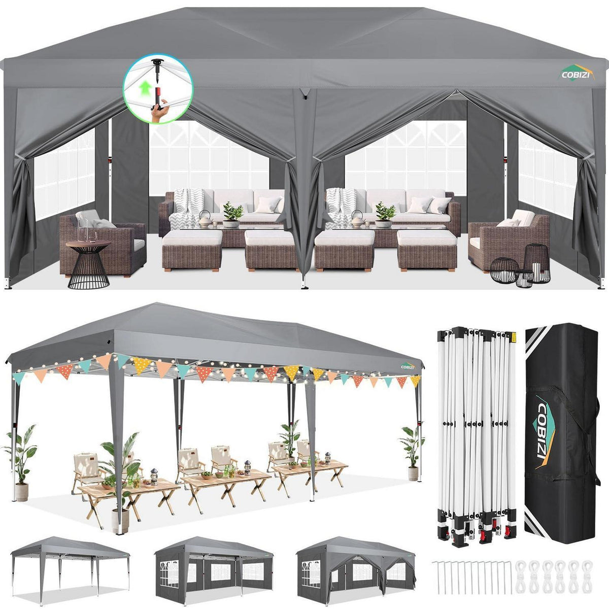 3x6m Faltpavillon wasserdicht mit 6 Seitenteilen – Grau