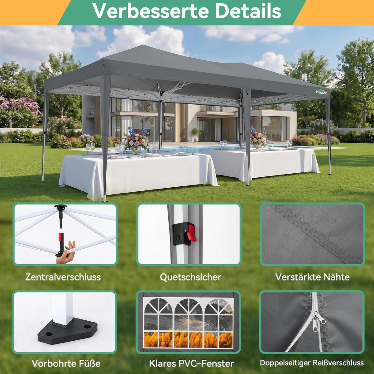 3x6m Faltpavillon wasserdicht mit 6 Seitenteilen – Grau