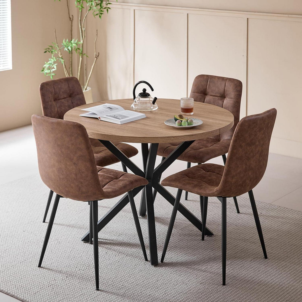 Moderner Esstisch Set 100cm rund + 4 Stühle Lederoptik