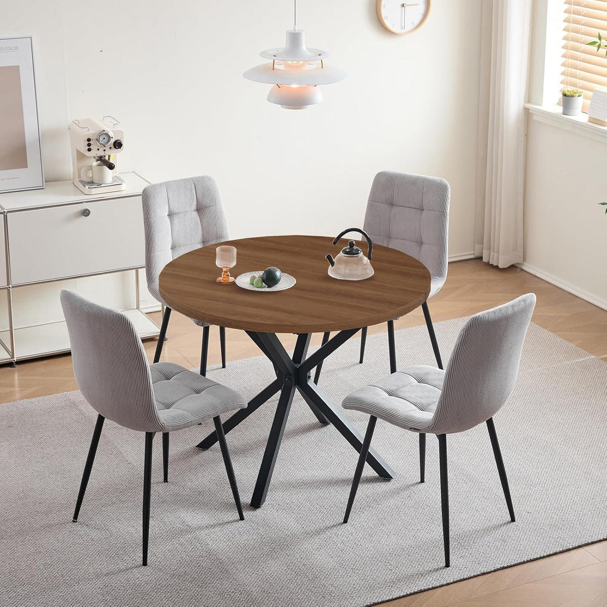 Runder Esstisch Set 100cm mit 4 Samtstühlen (Dunkelgrau/Hellgrau)