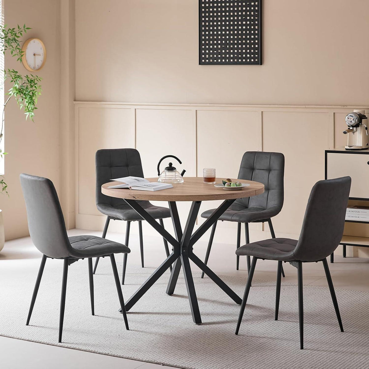 Moderner Esstisch Set 100cm rund + 4 Stühle Lederoptik