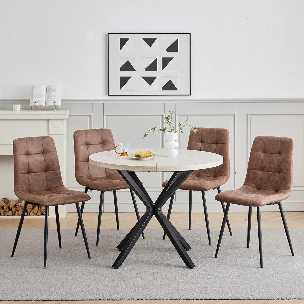 Runder Esstisch Set 4 Stühle Technisches Modern in Lederoptik
