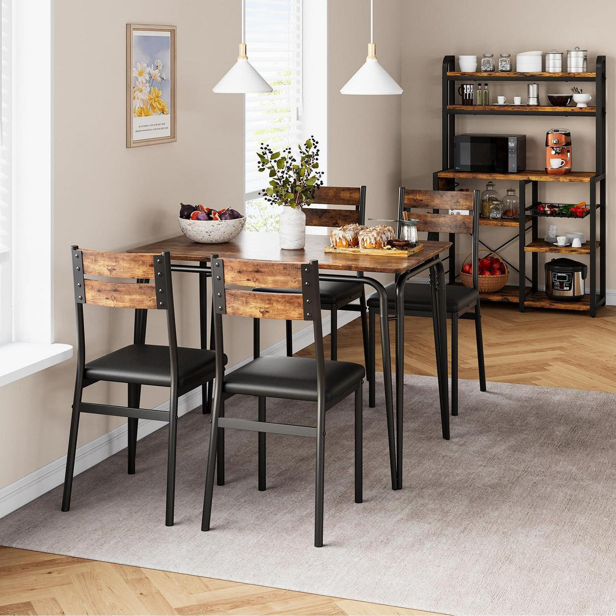 Esszimmer Set mit Tisch und 4 gepolsterten Stühlen – Retro Design