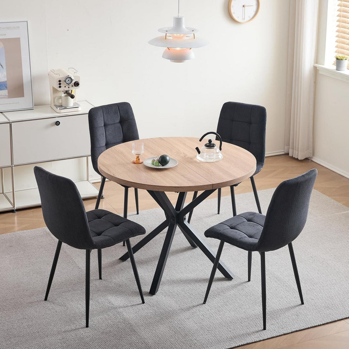 Moderner Esstisch Set 100cm rund + 4 Cord Stühle