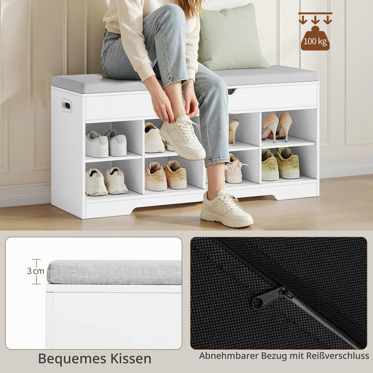 Sitzbank mit Schuhfach | Schuhschrank Leinenweiß | 104x32x50cm