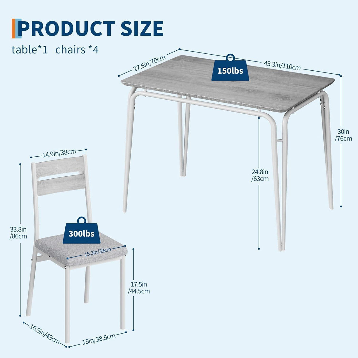 Esszimmer Set Grau-Weiß: Tisch + 4 gepolsterte Stühle