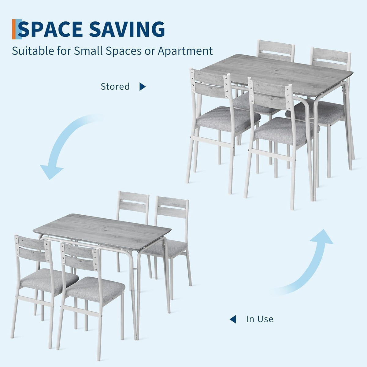Esszimmer Set Grau-Weiß: Tisch + 4 gepolsterte Stühle