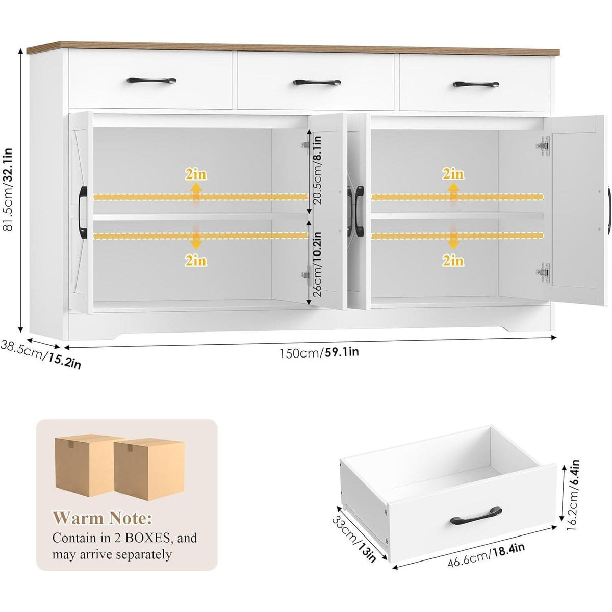 Sideboard 150cm – Weißes Küchenbuffet mit Arbeitsplatte & Schubladen
