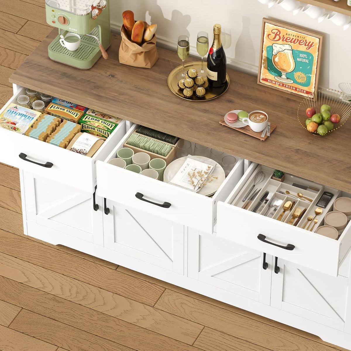 Sideboard 150cm – Weißes Küchenbuffet mit Arbeitsplatte & Schubladen