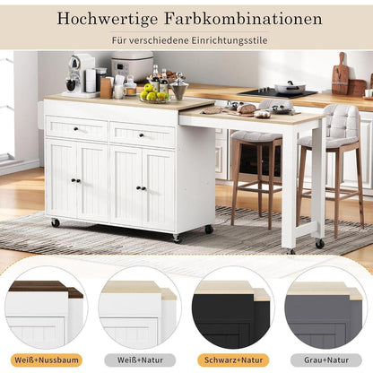 Mobile Kücheninsel mit Ausziehtisch & Schubladen (Weiß+Natur)