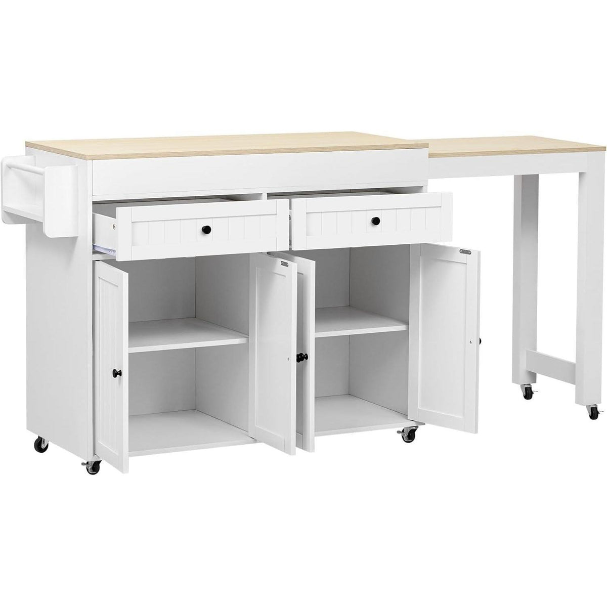 Mobile Kücheninsel mit Ausziehtisch & Schubladen (Weiß+Natur)