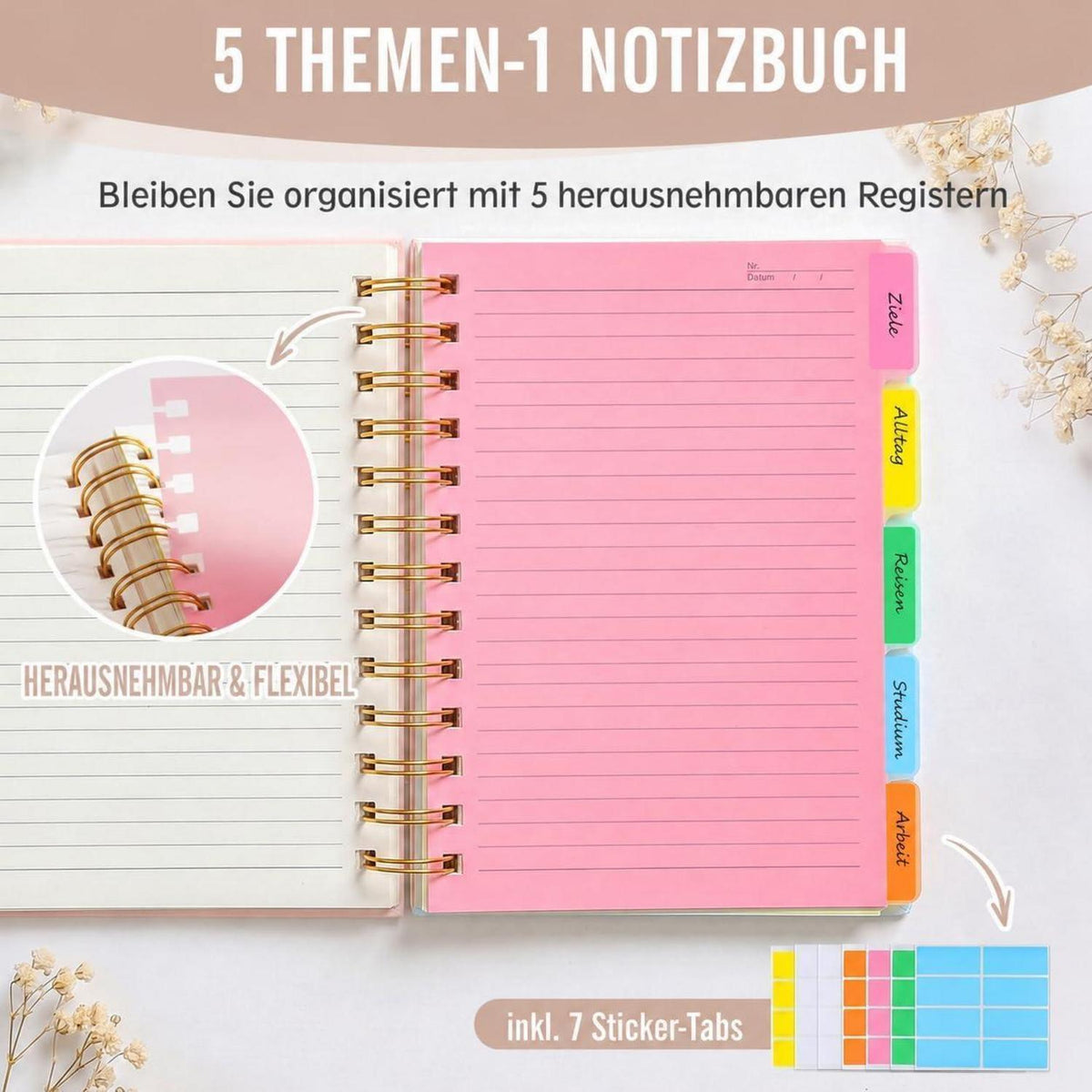 A5 Spiralnotizbuch Liniert mit 5 Registern – Blau
