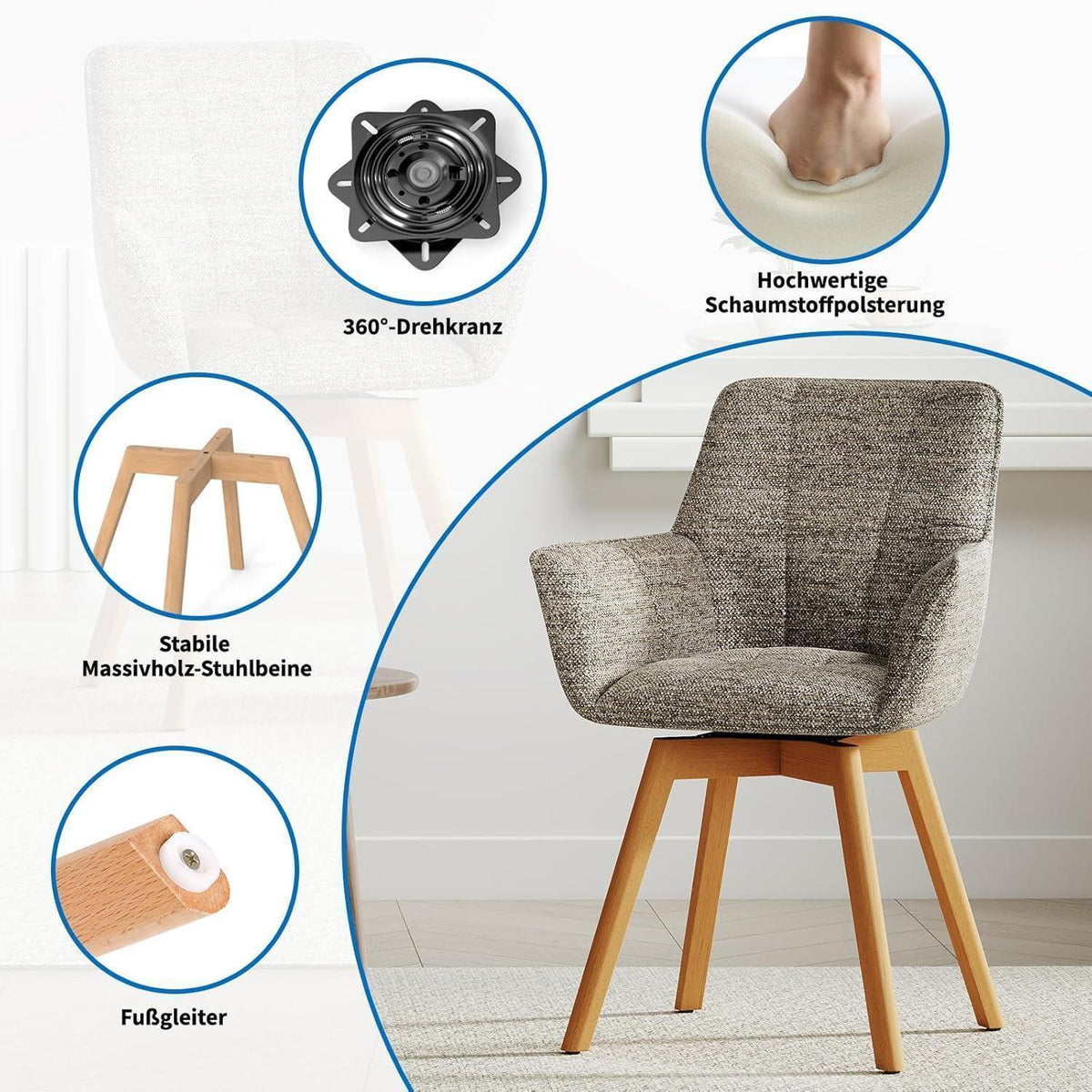6er Set Drehstühle Samt, Braun – Esszimmer & Wohnzimmer