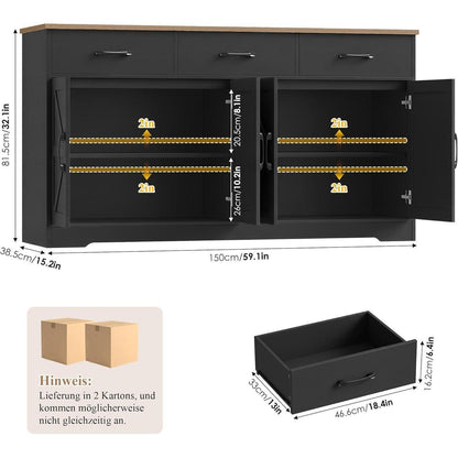 Sideboard 150cm Schwarz – Küchenschrank mit Arbeitsplatte & Schubladen