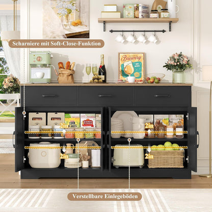 Sideboard 150cm Schwarz – Küchenschrank mit Arbeitsplatte & Schubladen