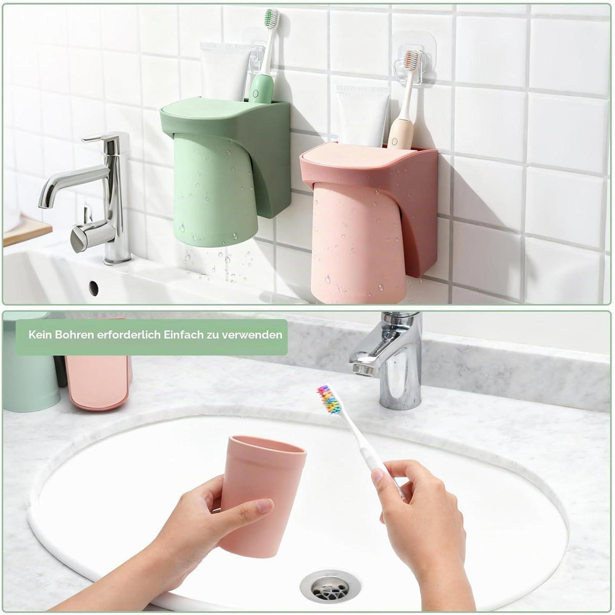 2x Zahnbürstenhalter mit Becher – Bohrlos & Hygienisch