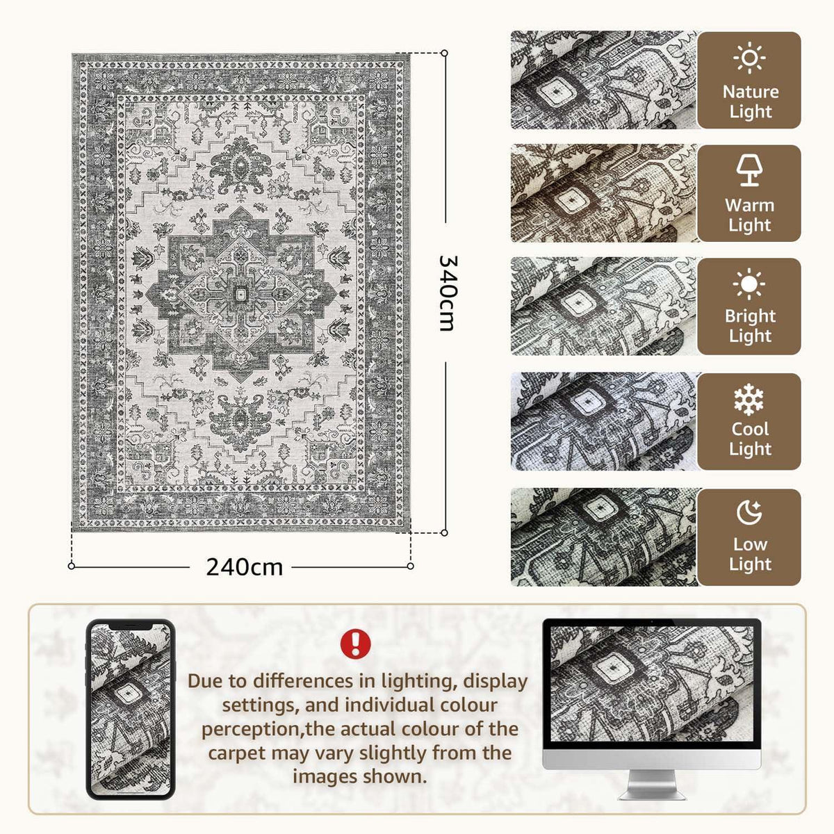 Vintage Kurzflor Teppich Grau 240x340 cm – Waschbar & Faltbar
