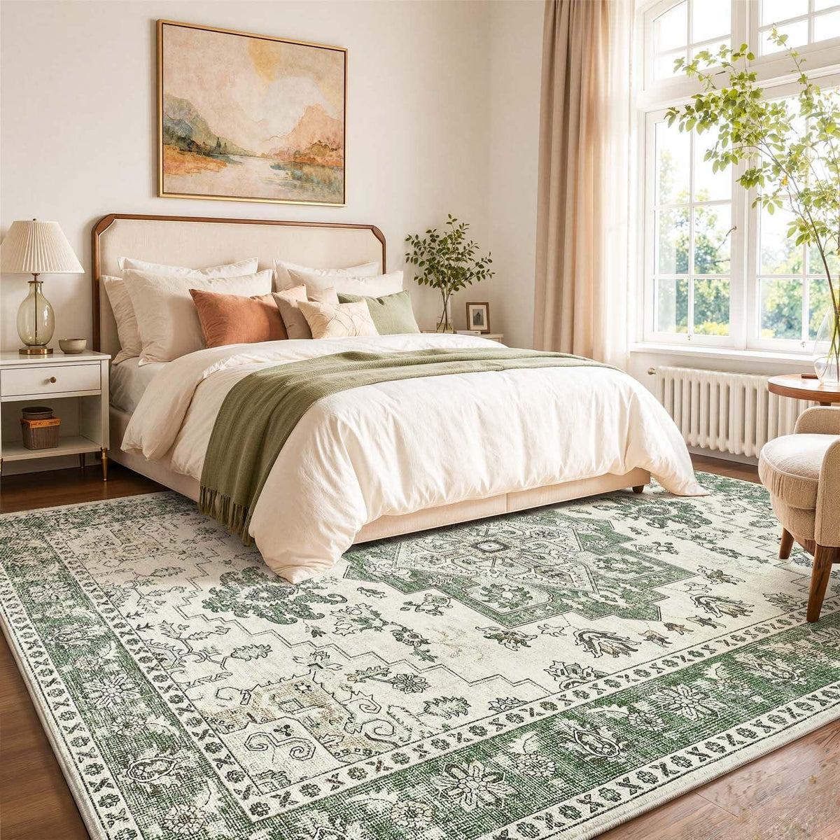 Vintage Kurzflor Teppich Grün 240x340 cm – Waschbar & Faltbar