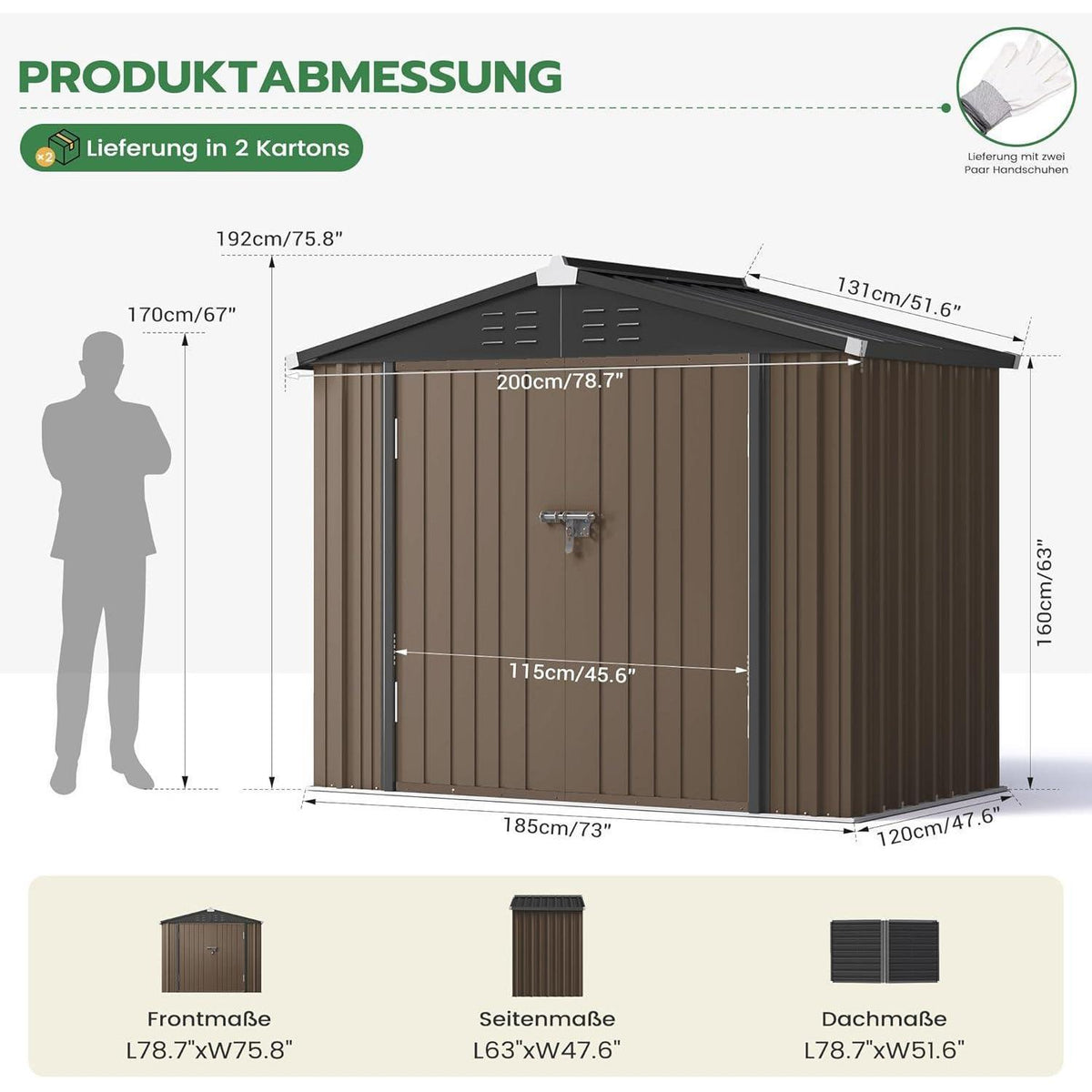 Gartenhaus Metall 196x119cm – Gerätehaus mit Pultdach Braun