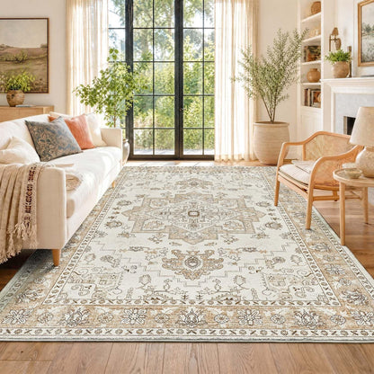 Vintage Kurzflor Teppich 200x280 Beige – Waschbar & Faltbar