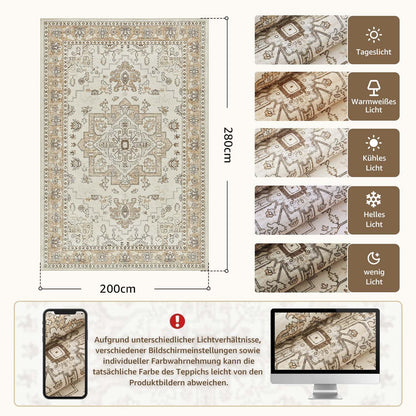 Vintage Kurzflor Teppich 200x280 Beige – Waschbar & Faltbar