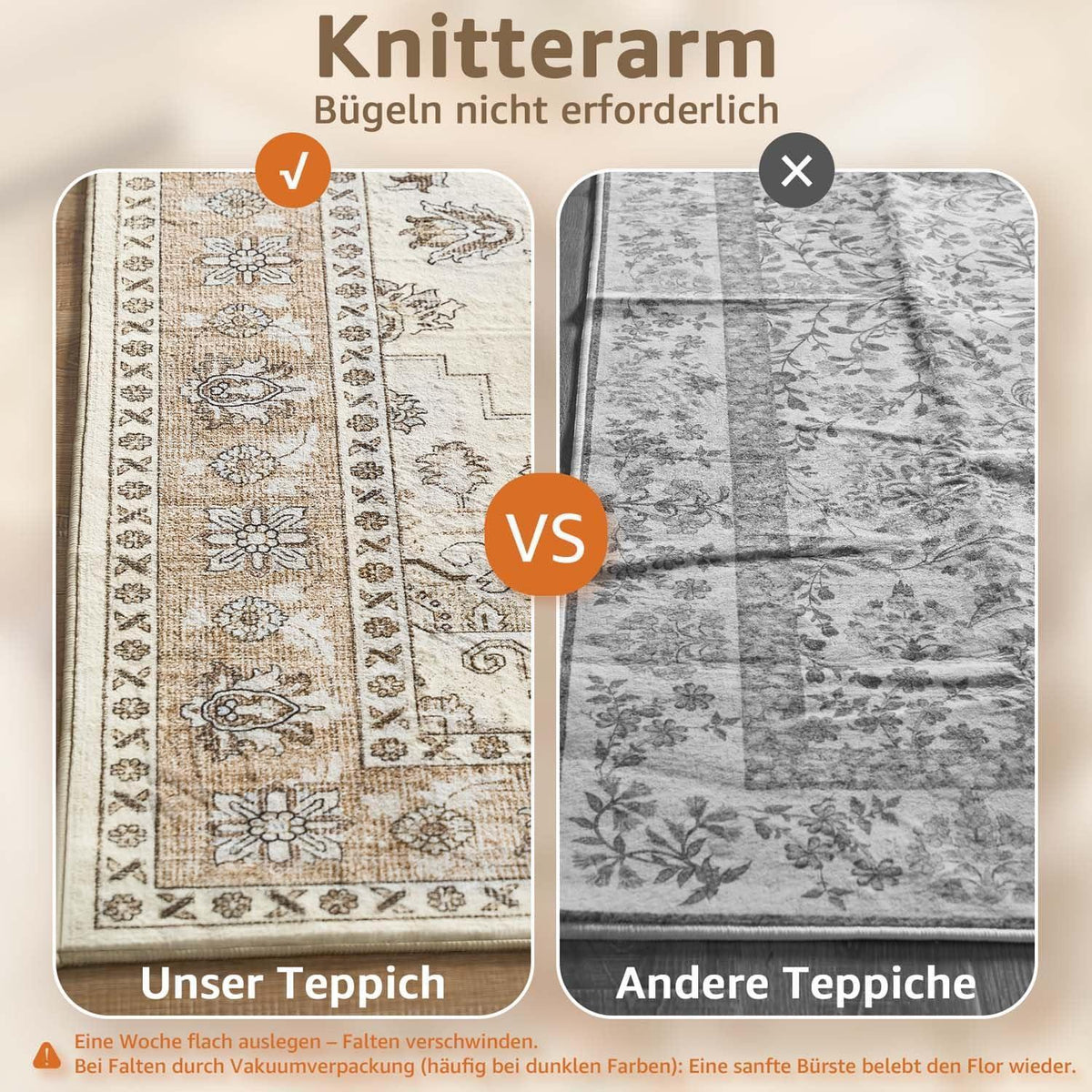 Vintage Kurzflor Teppich 200x280 Beige – Waschbar & Faltbar
