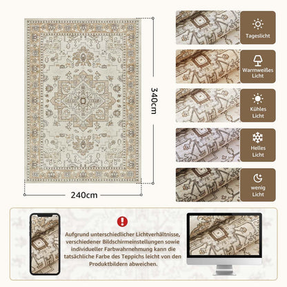Vintage Kurzflor Teppich 240x340 cm Beige – Waschbar & Faltbar