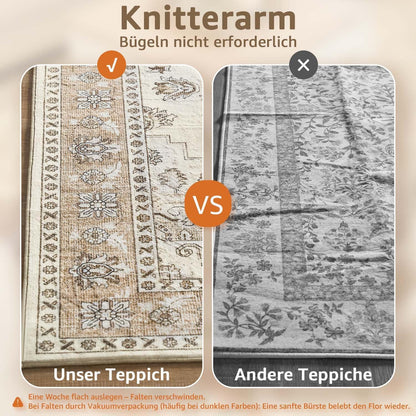Vintage Kurzflor Teppich 240x340 cm Beige – Waschbar & Faltbar