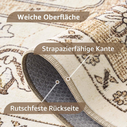 Vintage Kurzflor Teppich 240x340 cm Beige – Waschbar & Faltbar