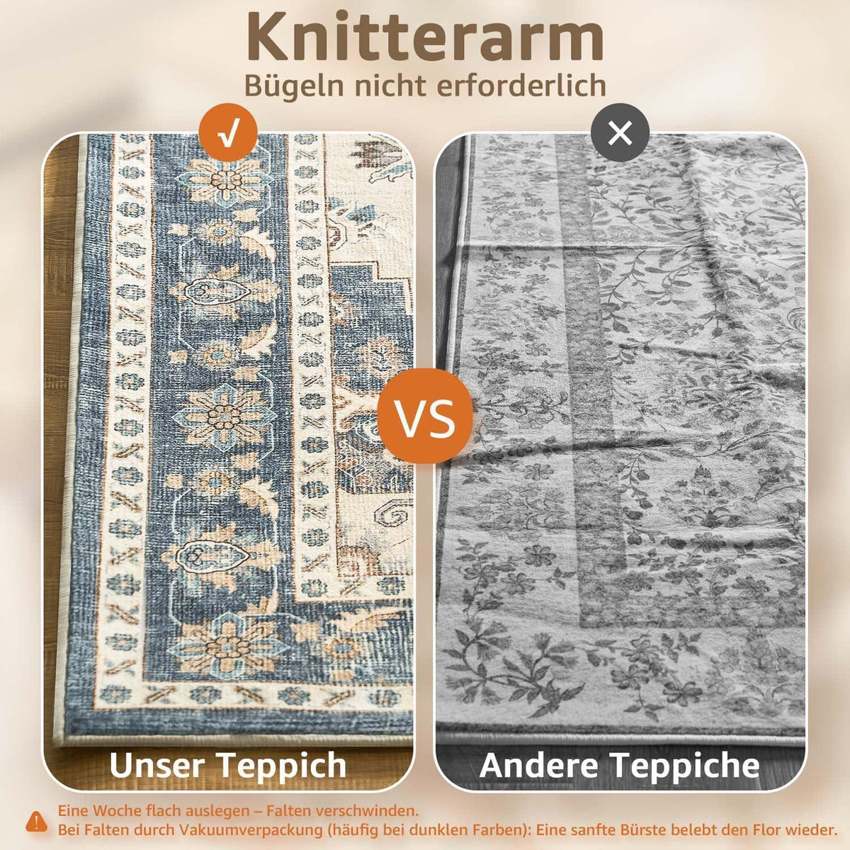 Vintage Kurzflor Teppich Blau 160x220 cm – Waschbar & Faltbar